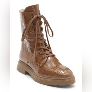 Stuart Weitzman Mckenzee Tan Croc-Embossed Lace-Up Boots Size 7.5 $695